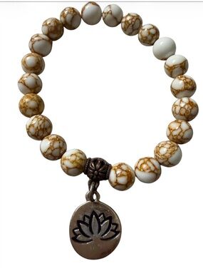 White and Brown Beaded Lotus Charm Bracelet